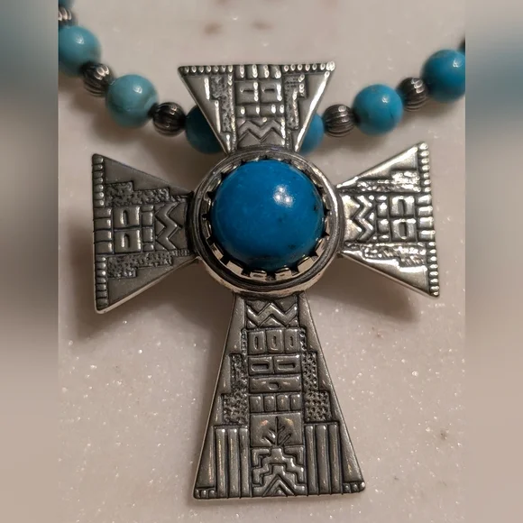 Carolyn Pollack & Roderick Tenorio Cross Enhancer Pendant w/ Turquoise Necklace - Picture 4 of 13